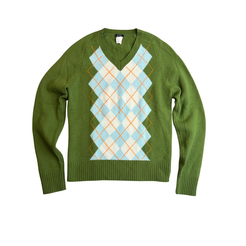 Vintage J Crew Argyle V-Neck Lambswool Sweater Green Blue Mens M Preppy Retro